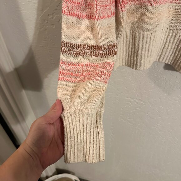 J. Crew 100% Cotton Cream & Pink Striped Crewneck Boucle Sweater - Picture 3 of 8